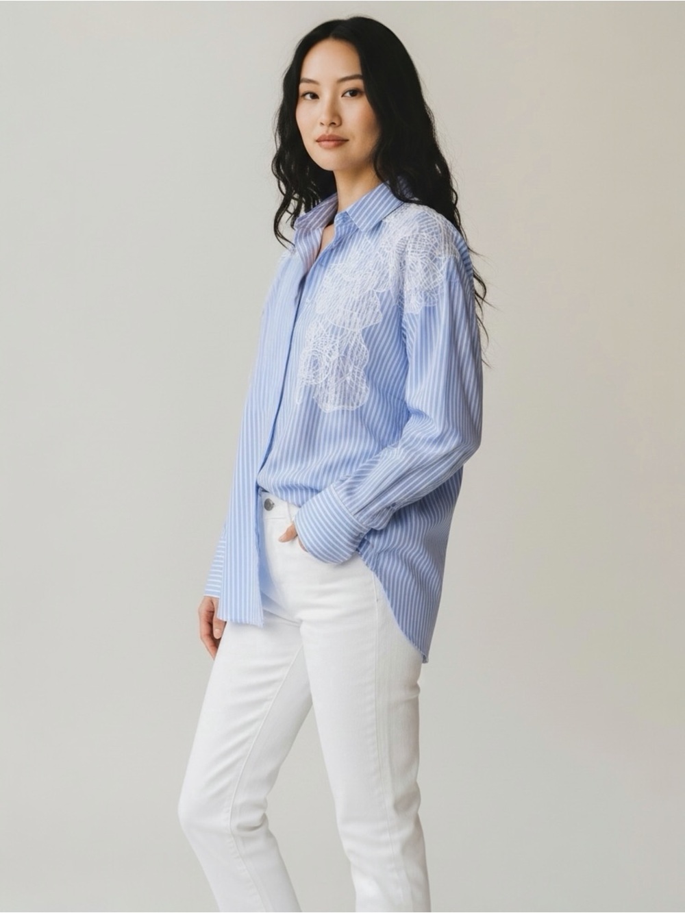 Christian Lacroix Women’s Cotton Lace Blue Stripe Button Down Blouse Shirt Small